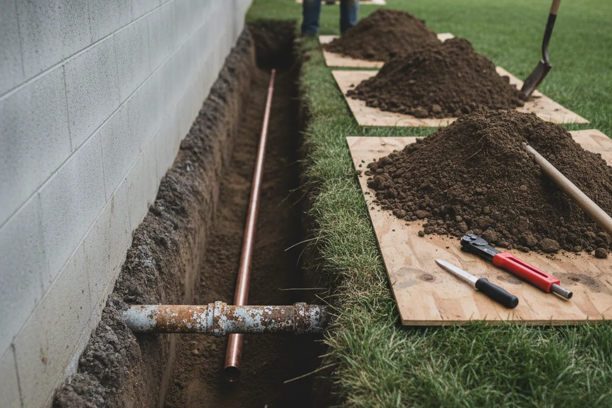 Excavated water line trench during Water Softener Installation in Mars